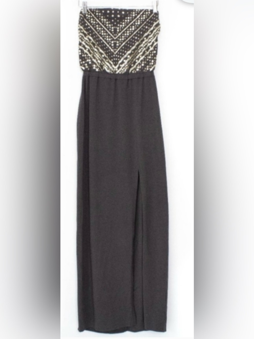 Express Gray Gold Sequin Embellished Maxi Dress High Slit Strapless Tube Top Med